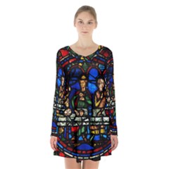 Window Stained Glass Chartres Cathedral Long Sleeve Velvet V-neck Dress by danenraven