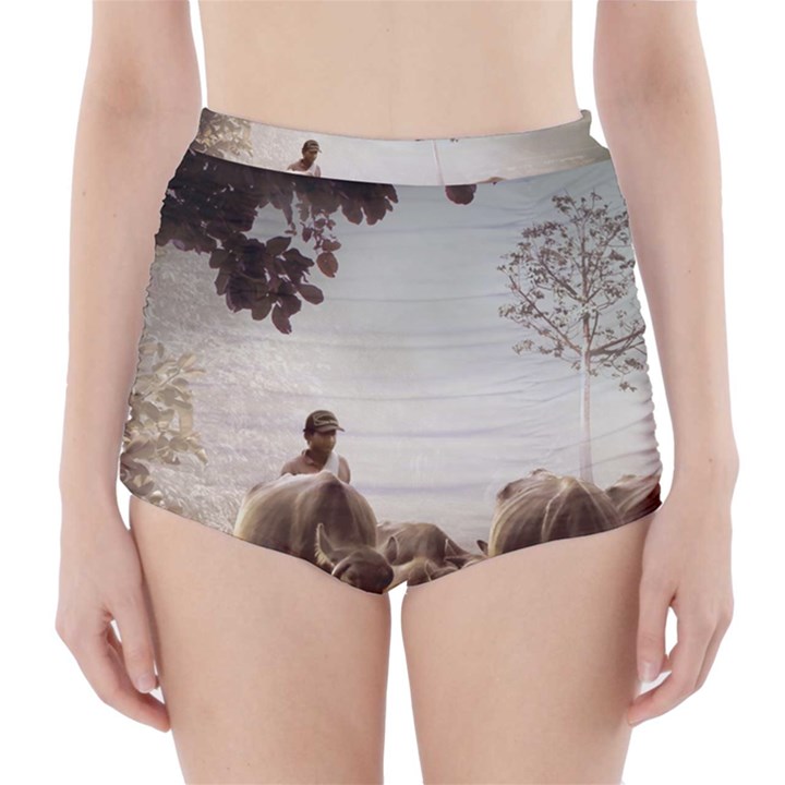 Man Cattle Animals Cows Bulls Calves Mammals High-Waisted Bikini Bottoms