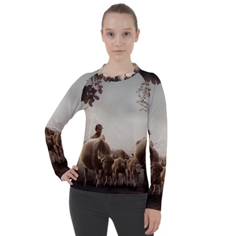 Man Cattle Animals Cows Bulls Calves Mammals Women s Pique Long Sleeve Tee by danenraven