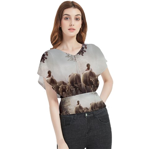 Man Cattle Animals Cows Bulls Calves Mammals Butterfly Chiffon Blouse by danenraven