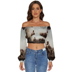 Man Cattle Animals Cows Bulls Calves Mammals Long Sleeve Crinkled Weave Crop Top