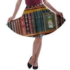 Books Library Bookshelf Bookshop Vintage Antique A-line Skater Skirt by danenraven