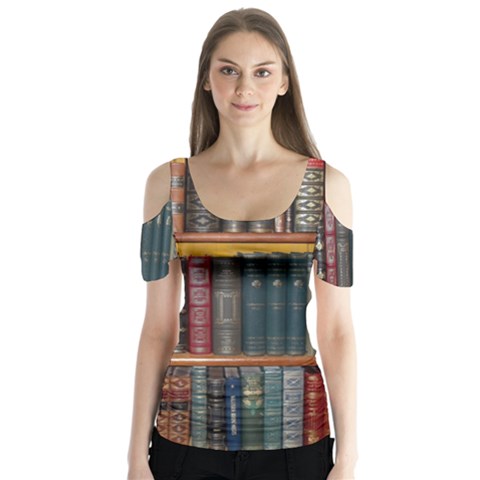 Books Library Bookshelf Bookshop Vintage Antique Butterfly Sleeve Cutout Tee  by danenraven