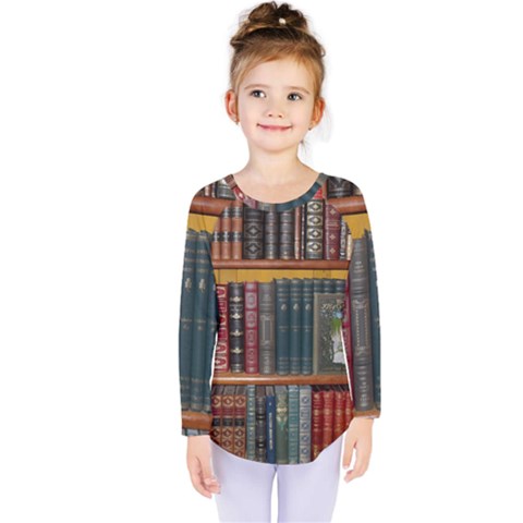 Books Library Bookshelf Bookshop Vintage Antique Kids  Long Sleeve Tee by danenraven