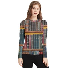 Books Library Bookshelf Bookshop Vintage Antique Women s Long Sleeve Rash Guard by danenraven