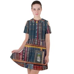 Books Library Bookshelf Bookshop Vintage Antique Short Sleeve Shoulder Cut Out Dress  by danenraven