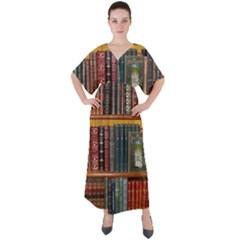 Books Library Bookshelf Bookshop Vintage Antique V-neck Boho Style Maxi Dress by danenraven