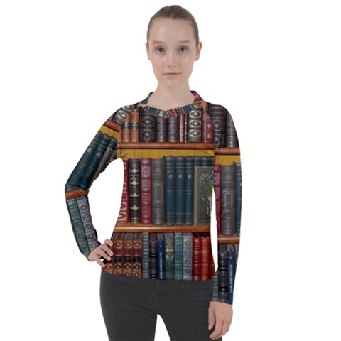 Books Library Bookshelf Bookshop Vintage Antique Women s Pique Long Sleeve Tee by danenraven