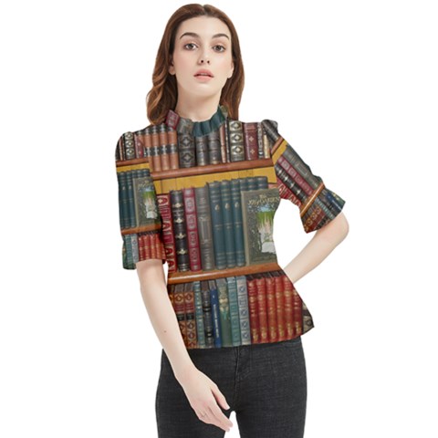 Books Library Bookshelf Bookshop Vintage Antique Frill Neck Blouse by danenraven