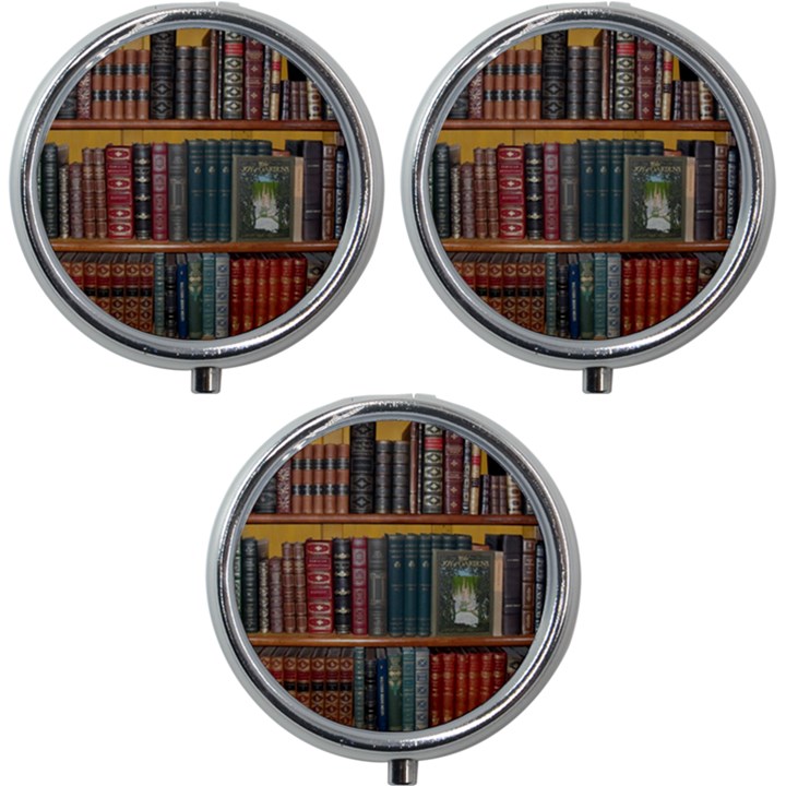 Books Library Bookshelf Bookshop Vintage Antique Mini Round Pill Box (Pack of 3)