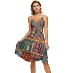 Books Library Bookshelf Bookshop Vintage Antique Sleeveless Tie Front Chiffon Dress by danenraven