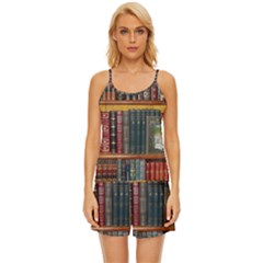 Books Library Bookshelf Bookshop Vintage Antique Satin Pajama Short Set