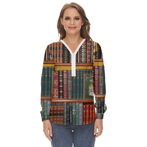 Books Library Bookshelf Bookshop Vintage Antique Zip Up Long Sleeve Blouse by danenraven