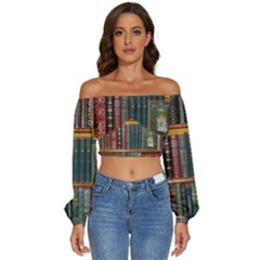 Books Library Bookshelf Bookshop Vintage Antique Long Sleeve Crinkled Weave Crop Top