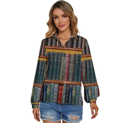 Books Library Bookshelf Bookshop Vintage Antique Women s Long Sleeve Button Down Shirt by danenraven