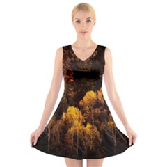 Autumn Fall Foliage Forest Trees Woods Nature V-neck Sleeveless Dress by danenraven