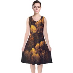 Autumn Fall Foliage Forest Trees Woods Nature V-neck Midi Sleeveless Dress  by danenraven