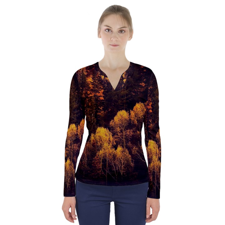 Autumn Fall Foliage Forest Trees Woods Nature V-Neck Long Sleeve Top