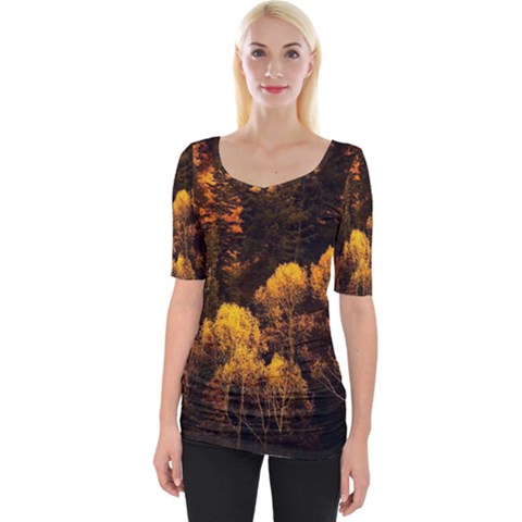 Autumn Fall Foliage Forest Trees Woods Nature Wide Neckline Tee by danenraven