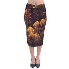 Autumn Fall Foliage Forest Trees Woods Nature Velvet Midi Pencil Skirt by danenraven