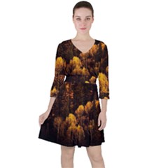 Autumn Fall Foliage Forest Trees Woods Nature Quarter Sleeve Ruffle Waist Dress by danenraven