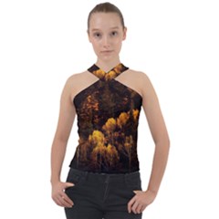 Autumn Fall Foliage Forest Trees Woods Nature Cross Neck Velour Top by danenraven