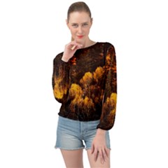 Autumn Fall Foliage Forest Trees Woods Nature Banded Bottom Chiffon Top by danenraven