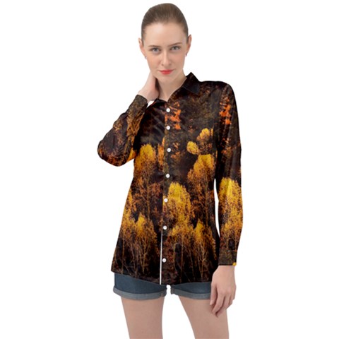 Autumn Fall Foliage Forest Trees Woods Nature Long Sleeve Satin Shirt by danenraven