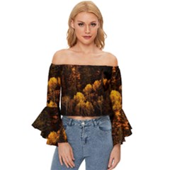 Autumn Fall Foliage Forest Trees Woods Nature Off Shoulder Flutter Bell Sleeve Top by danenraven