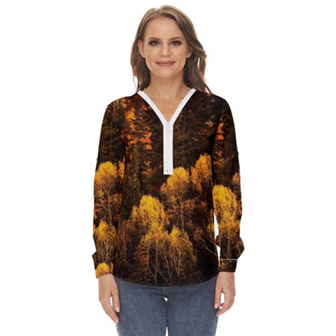 Autumn Fall Foliage Forest Trees Woods Nature Zip Up Long Sleeve Blouse by danenraven