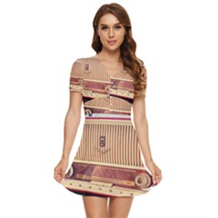 Radio Vintage Listen Retro Music Frequency V-neck High Waist Chiffon Mini Dress