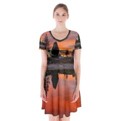 Lago Di Limides Dolomites Alps Italy Mountains Short Sleeve V-neck Flare Dress by danenraven