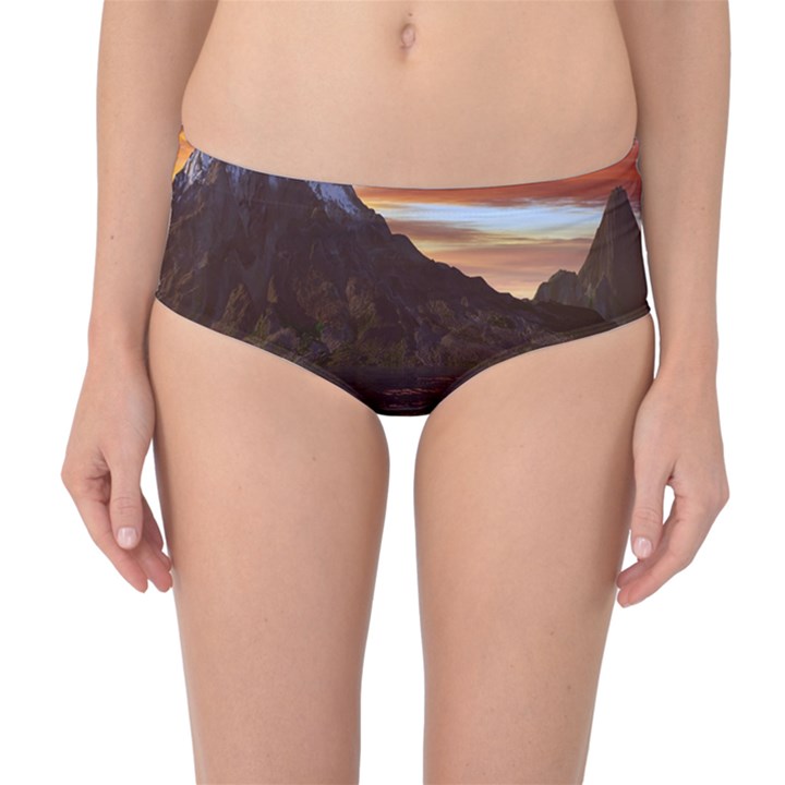 Sunset Island Tropical Sea Ocean Water Travel Mid-Waist Bikini Bottoms