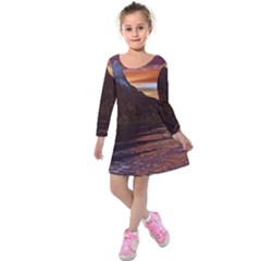 Sunset Island Tropical Sea Ocean Water Travel Kids  Long Sleeve Velvet Dress by danenraven