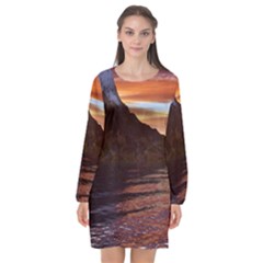 Sunset Island Tropical Sea Ocean Water Travel Long Sleeve Chiffon Shift Dress  by danenraven