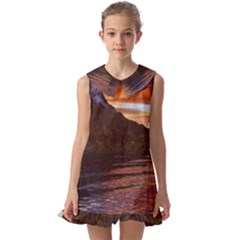 Sunset Island Tropical Sea Ocean Water Travel Kids  Pilgrim Collar Ruffle Hem Dress