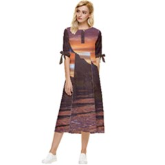 Sunset Island Tropical Sea Ocean Water Travel Bow Sleeve Chiffon Midi Dress