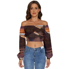 Sunset Island Tropical Sea Ocean Water Travel Long Sleeve Crinkled Weave Crop Top