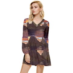 Sunset Island Tropical Sea Ocean Water Travel Tiered Long Sleeve Mini Dress