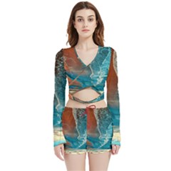 Sea Ocean Coastline Coast Sky Clouds Beach Sand Velvet Wrap Crop Top And Shorts Set by danenraven