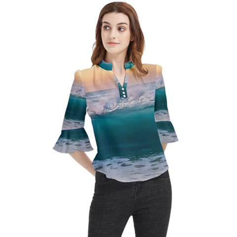 Beach Sea Waves Water Ocean Landscape Nature Loose Horn Sleeve Chiffon Blouse by danenraven