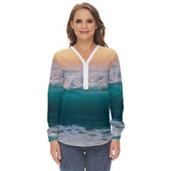 Beach Sea Waves Water Ocean Landscape Nature Zip Up Long Sleeve Blouse