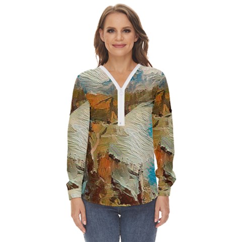 Abstract Mountains Landscape Tabloid Texture Zip Up Long Sleeve Blouse by danenraven