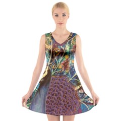 Peacock Mixed Media Bird Animal V-neck Sleeveless Dress by danenraven