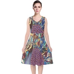 Peacock Mixed Media Bird Animal V-neck Midi Sleeveless Dress  by danenraven