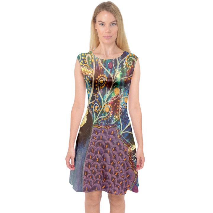 Peacock Mixed Media Bird Animal Capsleeve Midi Dress