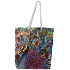 Peacock Mixed Media Bird Animal Full Print Rope Handle Tote (large) by danenraven