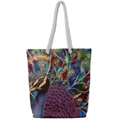 Peacock Mixed Media Bird Animal Full Print Rope Handle Tote (small) by danenraven