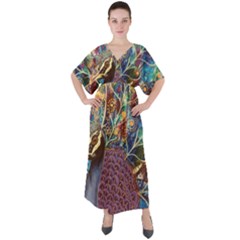 Peacock Mixed Media Bird Animal V-neck Boho Style Maxi Dress by danenraven