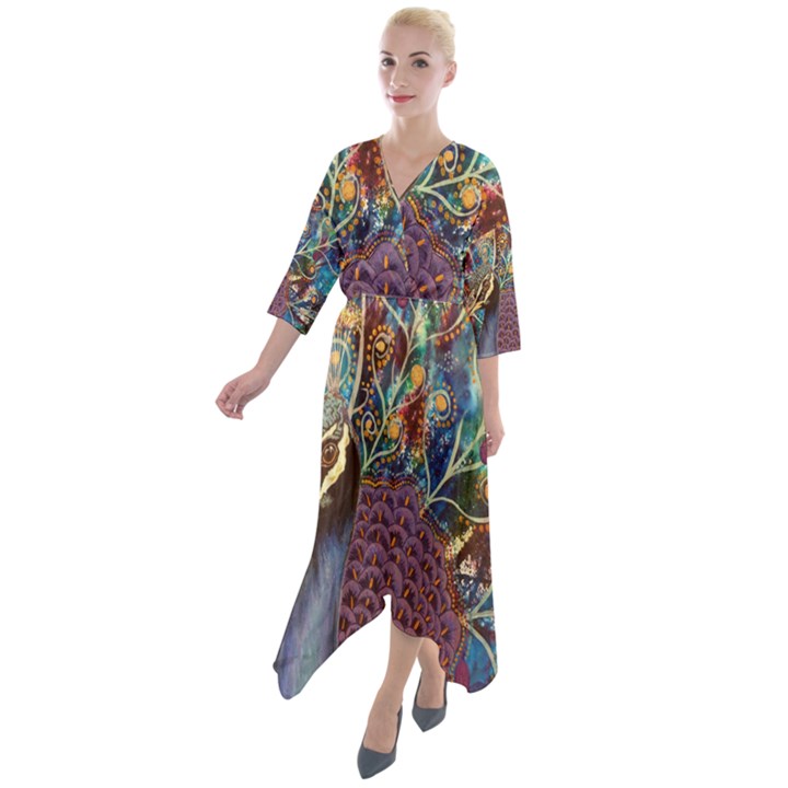 Peacock Mixed Media Bird Animal Quarter Sleeve Wrap Front Maxi Dress